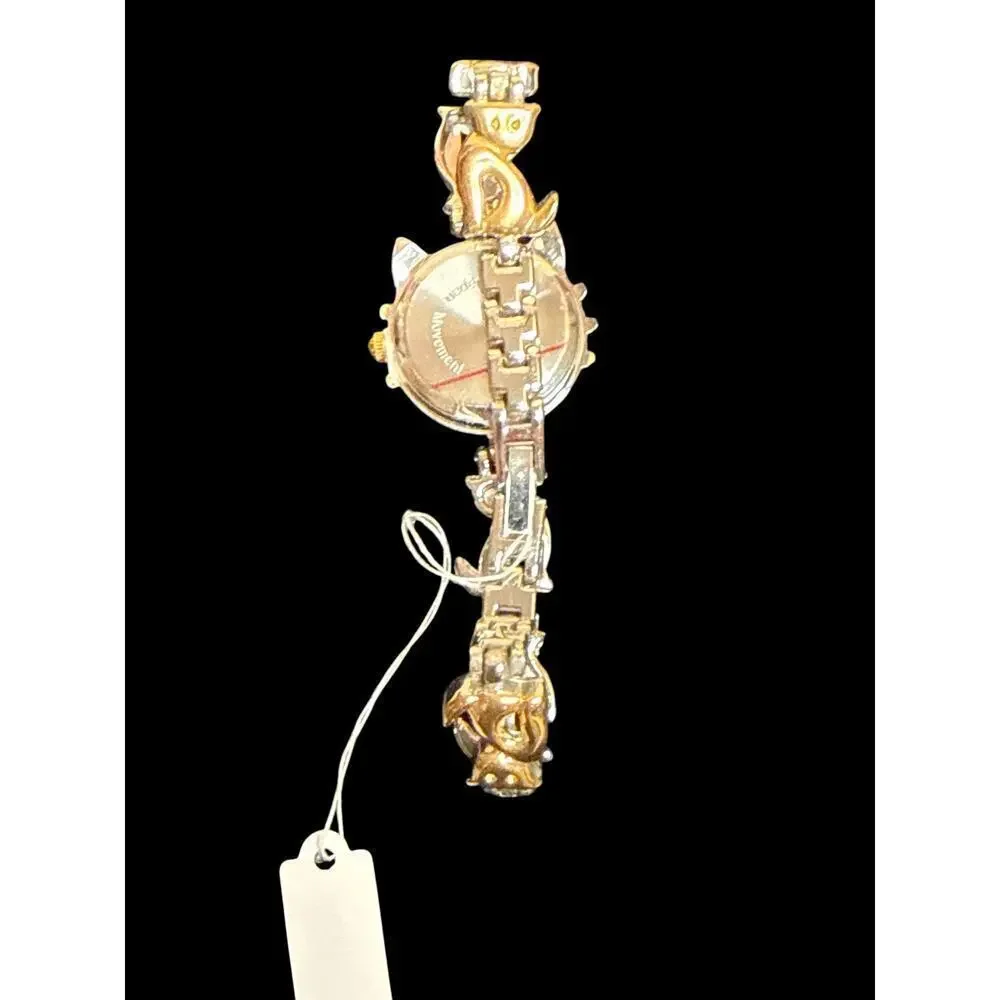 Gold Silver Kitten Japan Movement Stainless Steel Back Wrist Watch NWT